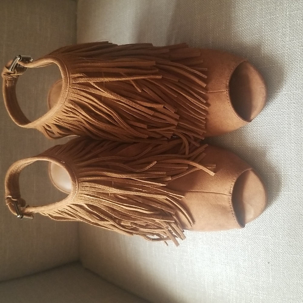 Nine West Flapper Brown Leather Suede Heels Peep Toe Shoes Woman's 8.5 M NIB